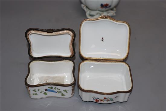 A Portuguese enamel box and cover and two other porcelain caskets, largest 13cm